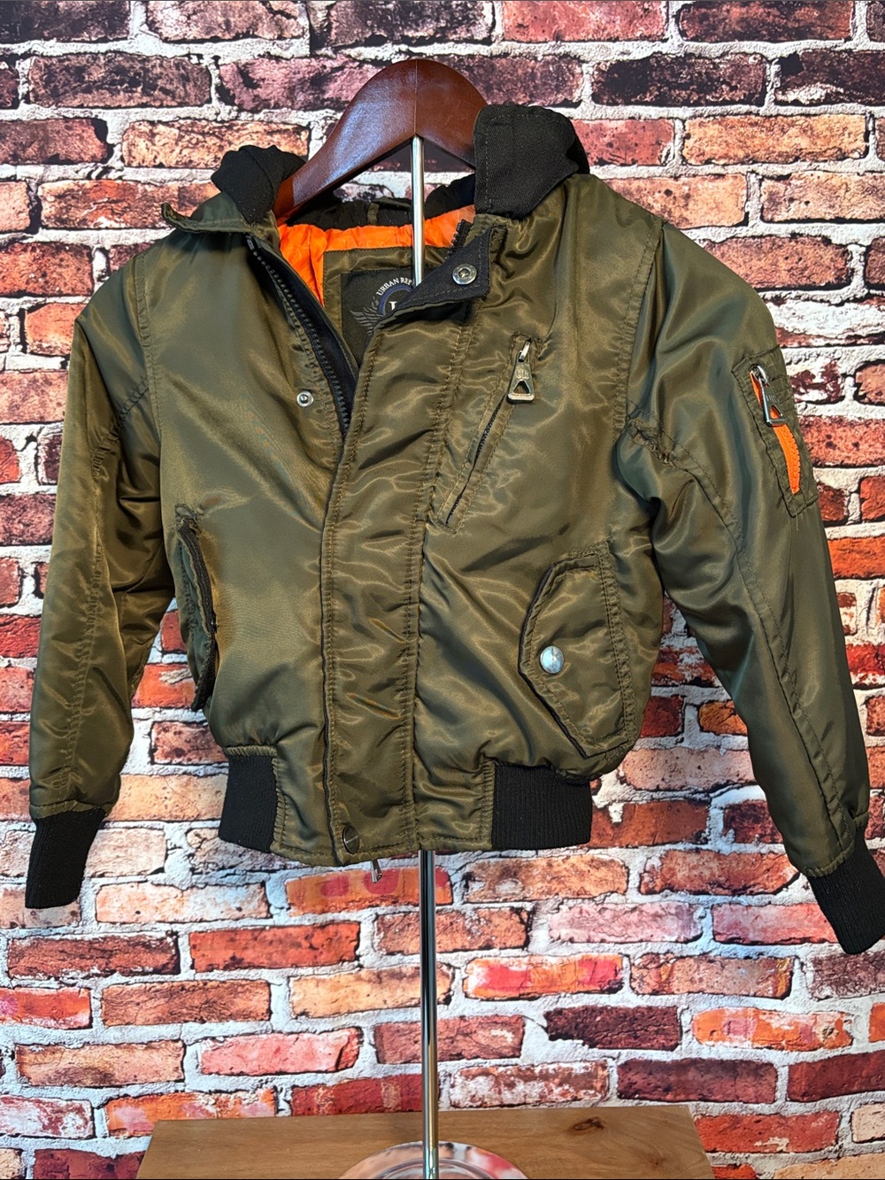 Urban Republic Olive Green Puffer Bomber Jacket with Orange Lining Boys XS